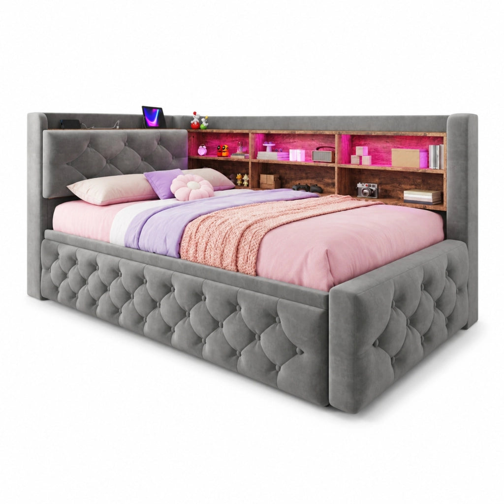 Letto a Divanetto 90x190 cm; Letto Singolo - LED; USB e Type-C - Velluto Grigio