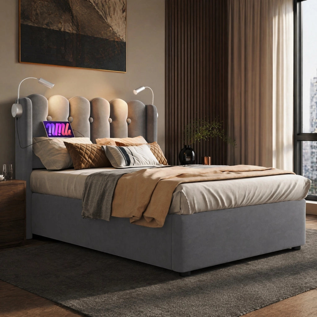 DESMIU Letto contenitore singolo con USB, luce da lettura e vano contenitore 90 × 200 cm, senza materasso, velluto grigio