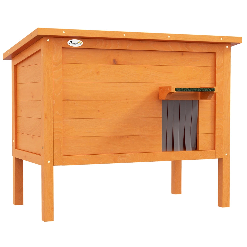 Cuccia per gatti in legno arancione 60x60x81,5 cm con tenda porta, isolata e rialzata, per esterni e piccoli animali