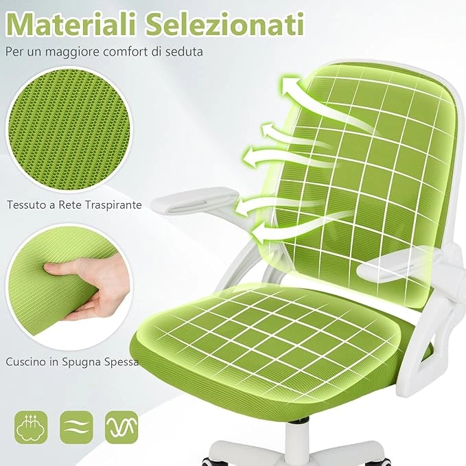 Sedia da Ufficio in Rete, Sedia da Scrivania Ergonomica con Supporto Lombare e Braccioli Ribaltabili, Sedia da Lavoro Girevole, con Ruote Regolabile in Altezza, Portata 150 kg