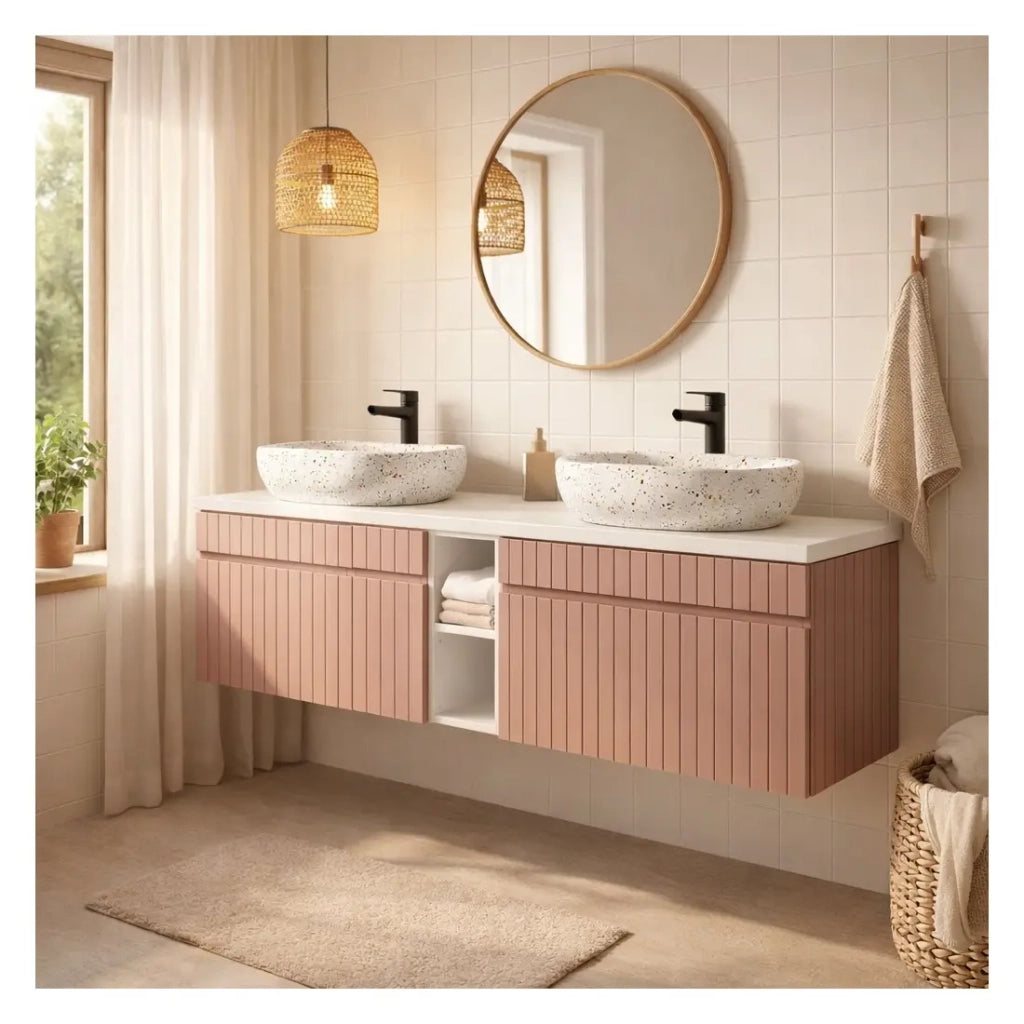 Set ICON: mobile sottolavabo 180cm rosa cipria con nicchie visibili bianche + piano per lavabo bianco