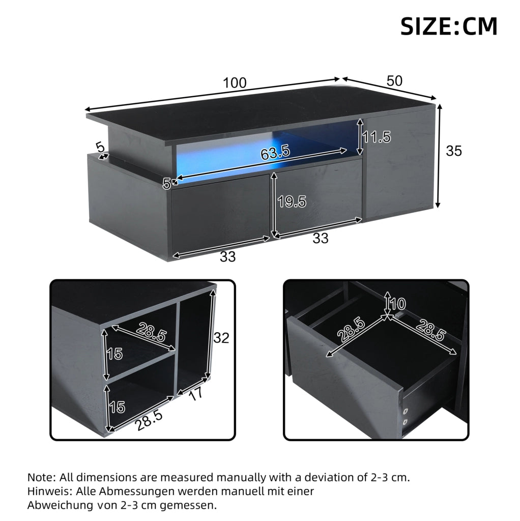 Tavolino da salotto 100x50x35 cm con LED; doppio cassetto; pannello truciolare nero