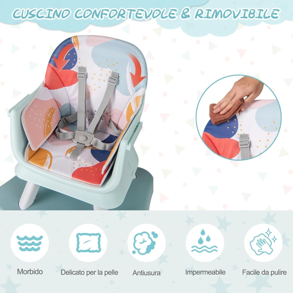 Seggiolone Pappa per Bambini 6 in 1, Seggiolone per Neonati Convertibile, Tavolo per Costruzioni per Bambini, con Imbracatura a 5 Punti, per Bambini da 6 Mesi fino 3 Anni (Colorato)