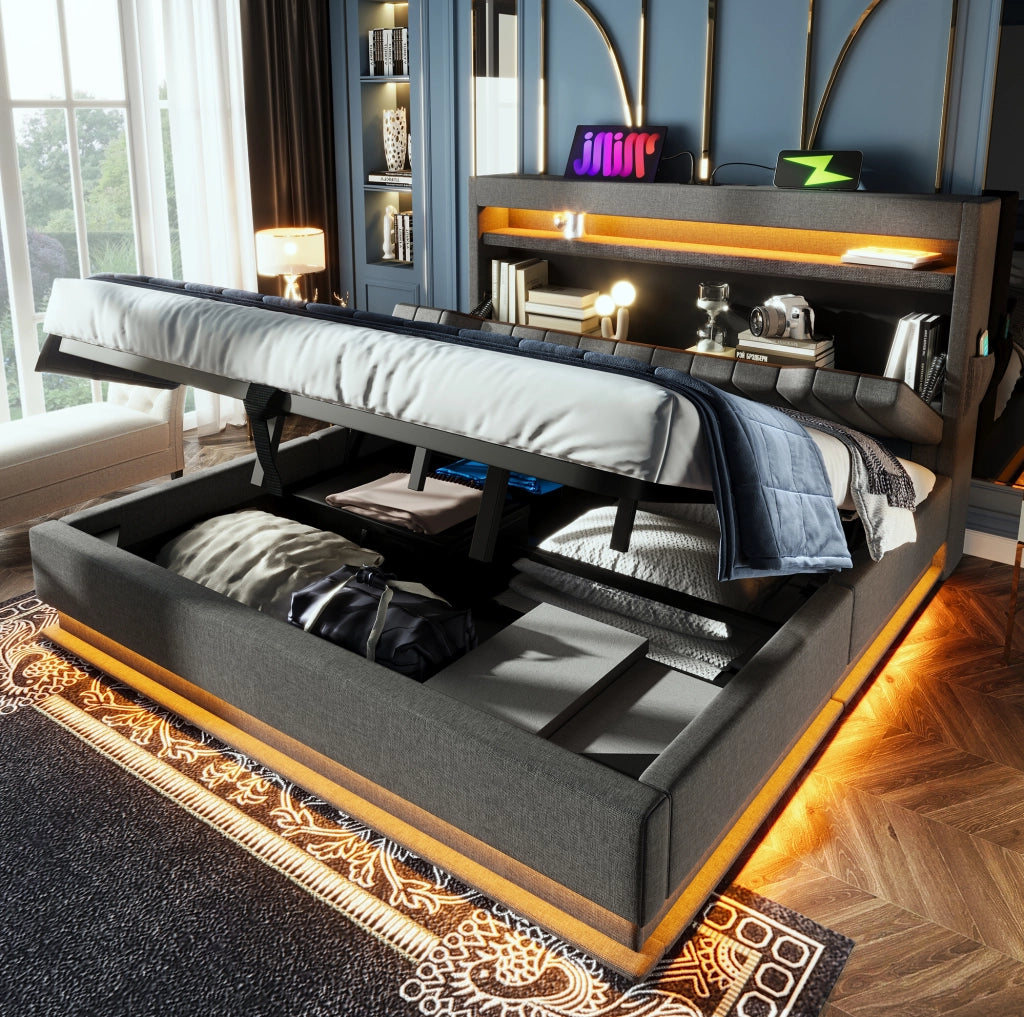 Letto matrimoniale 180x200 cm in lino grigio con LED; USB; Type-C e contenitore idraulico