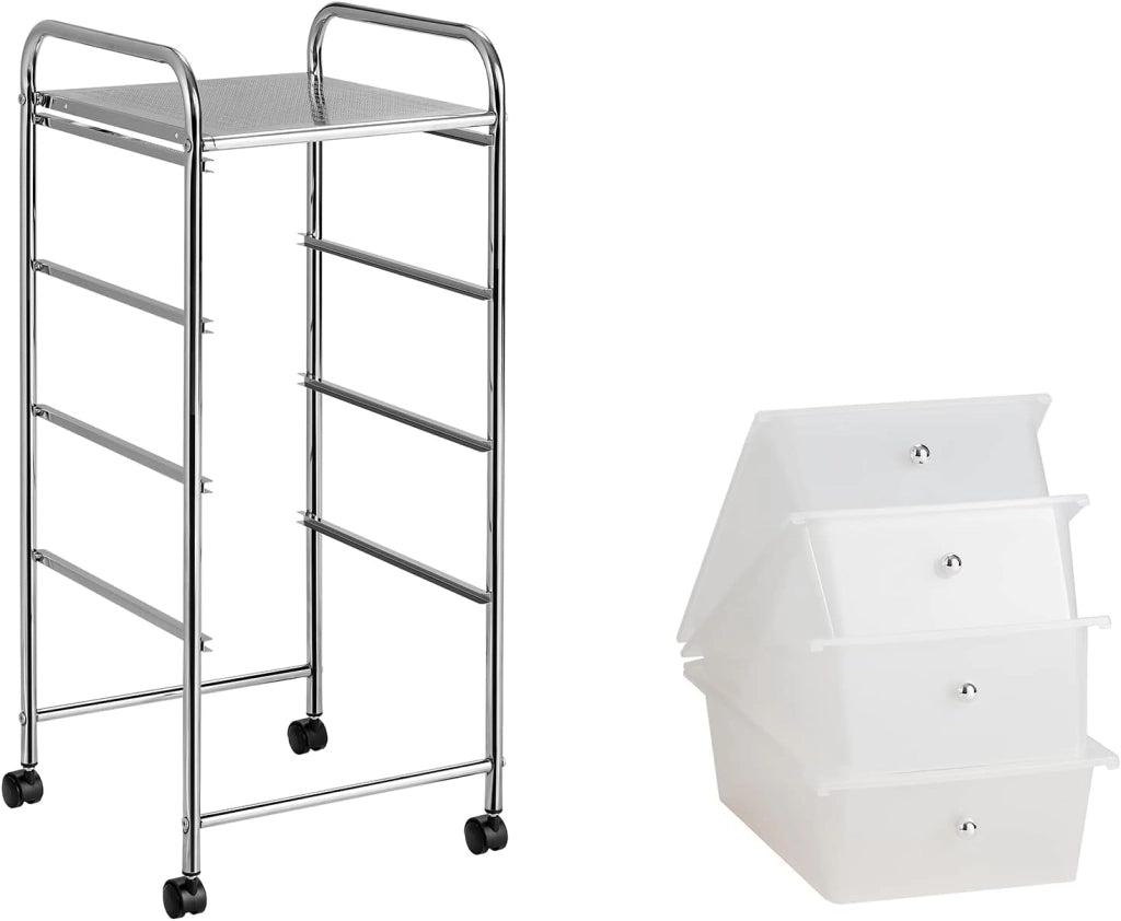 Carrello portaoggetti a 4 cassetti removibili in plastica, tornio portaoggetti con ruote in metallo con struttura a rotelle, organizer per ufficio, camera da letto, bagno (trasparente)