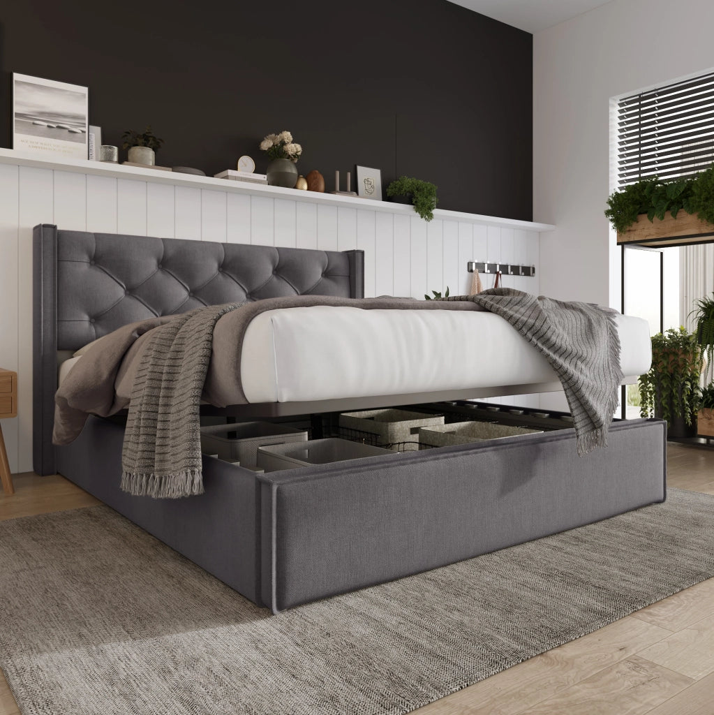 Letto matrimoniale imbottito con contenitore 140x200 cm; rete sollevabile idraulica; grigio