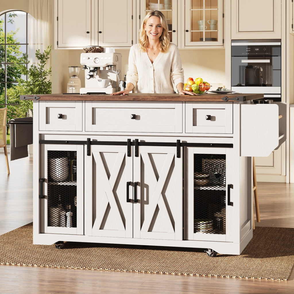 Carrello isola cucina mobile con piano estraibile e presa elettrica, bianco, 75 kg