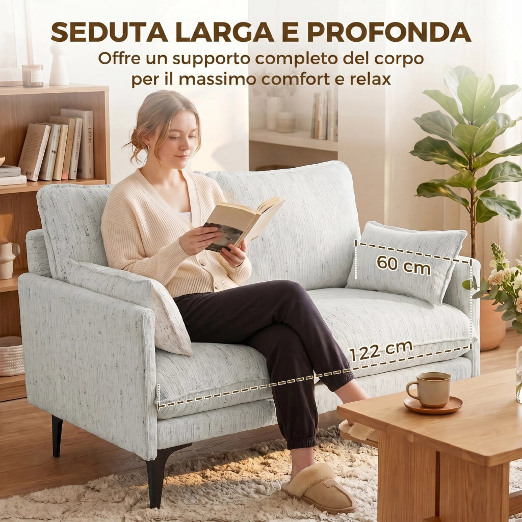 Divano 2 Posti 131x78x83 cm con Braccioli Imbottitura Spessa e 2 Cuscini in Tessuto Bianco