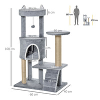 Albero Tiragraffi per Gatti 60x40x100 cm con Trespolo Casetta Rampa e Pallina in Legno e Peluche