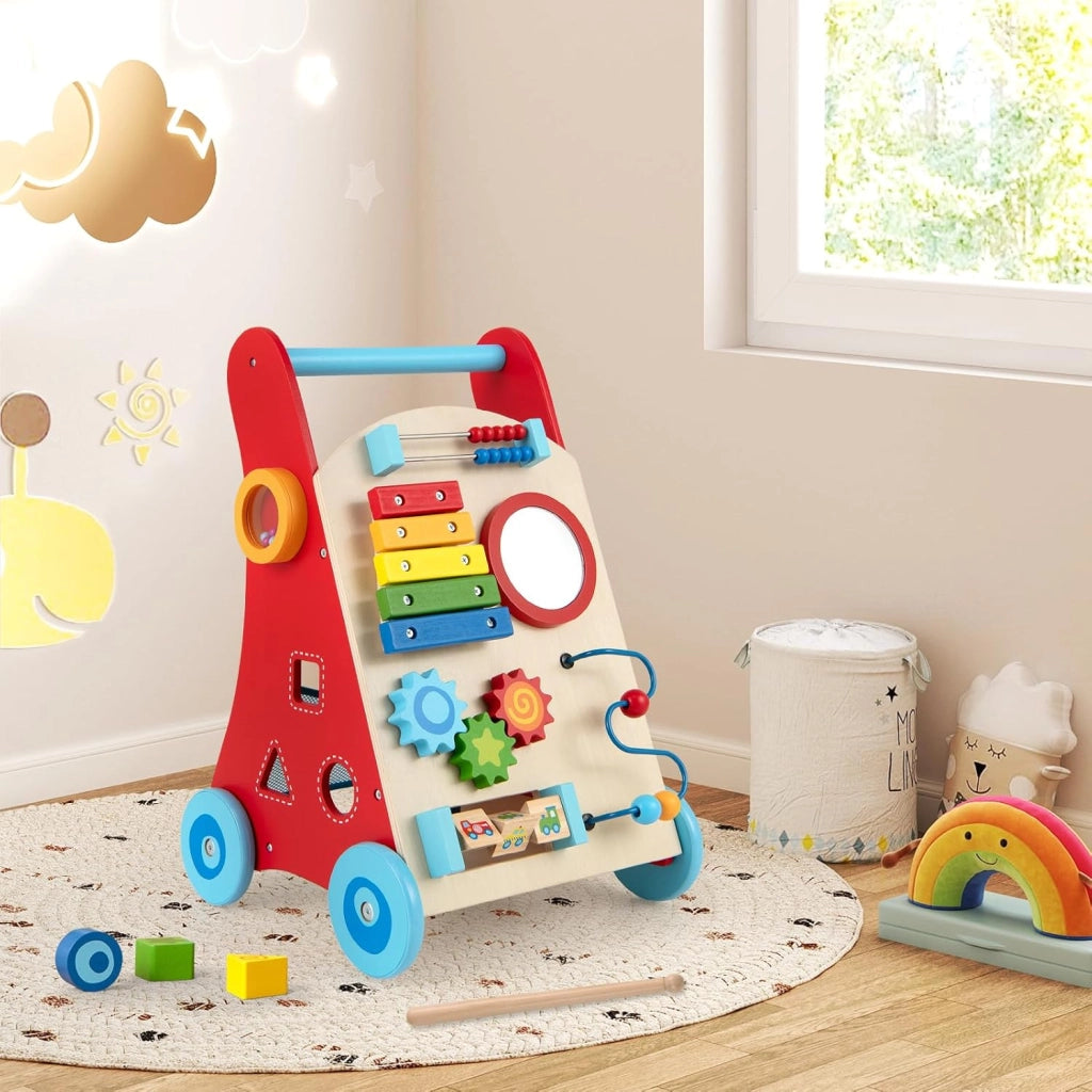 7 in 1 Girello per Bambini in Legno, Carrellino Primi Passi con Manico, Contenitore e Ruote, Giocattolo Montessori da Spingere e Tirare, Gioco Educativo per Bambini 3 + Anni (Modello 1)
