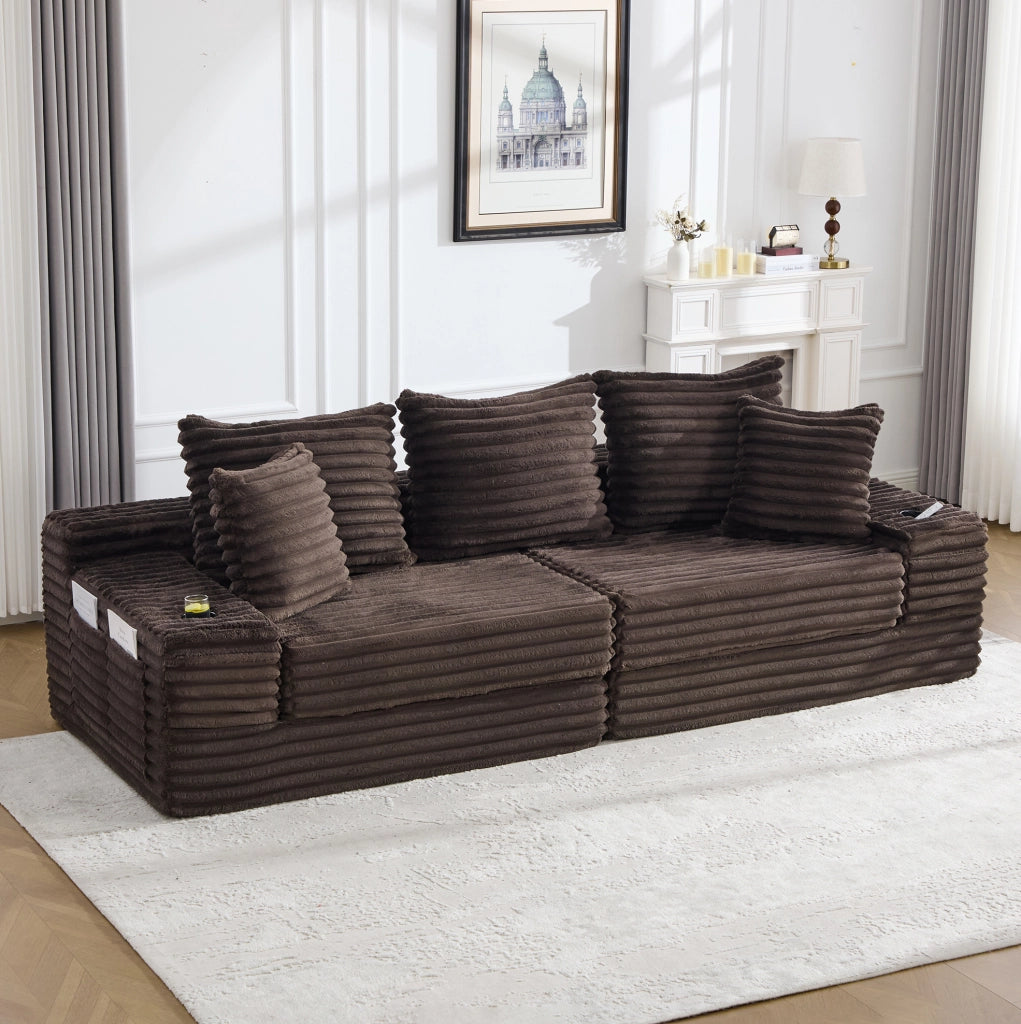 Divano letto 273 x 98 x 87 cm marrone, tasche e portabicchieri, tessuto a coste