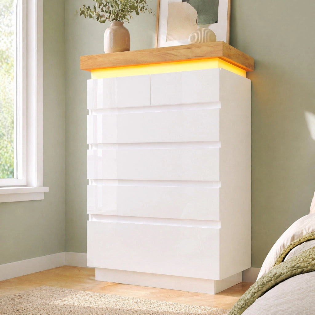 cassettiera con 6 cassetti e LED in pannello truciolare e MDF bianco per soggiorno e camera 115 × 73 × 39 cm