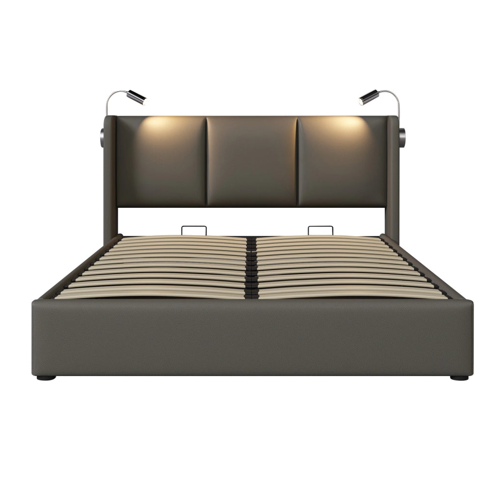 Letto imbottito 160x200 in PU grigio con contenitore; luce da lettura e ricarica USB