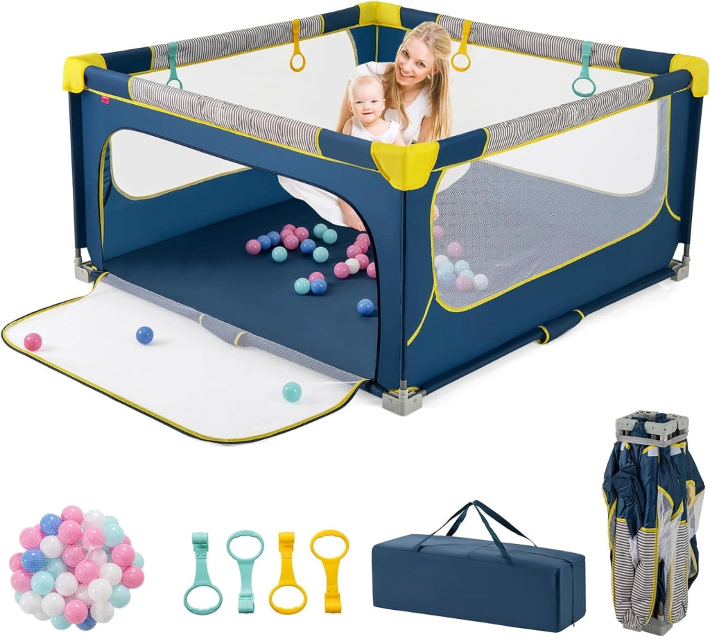 Box per Bambini 150 x 150 cm, Recinto per Neonati Pieghevole in Tessuto Oxford con Rete Traspirante, Centro Attività con 50 Palline, 4 Pezzi Anelli e Borsa (Blu, 150 x 150 cm)