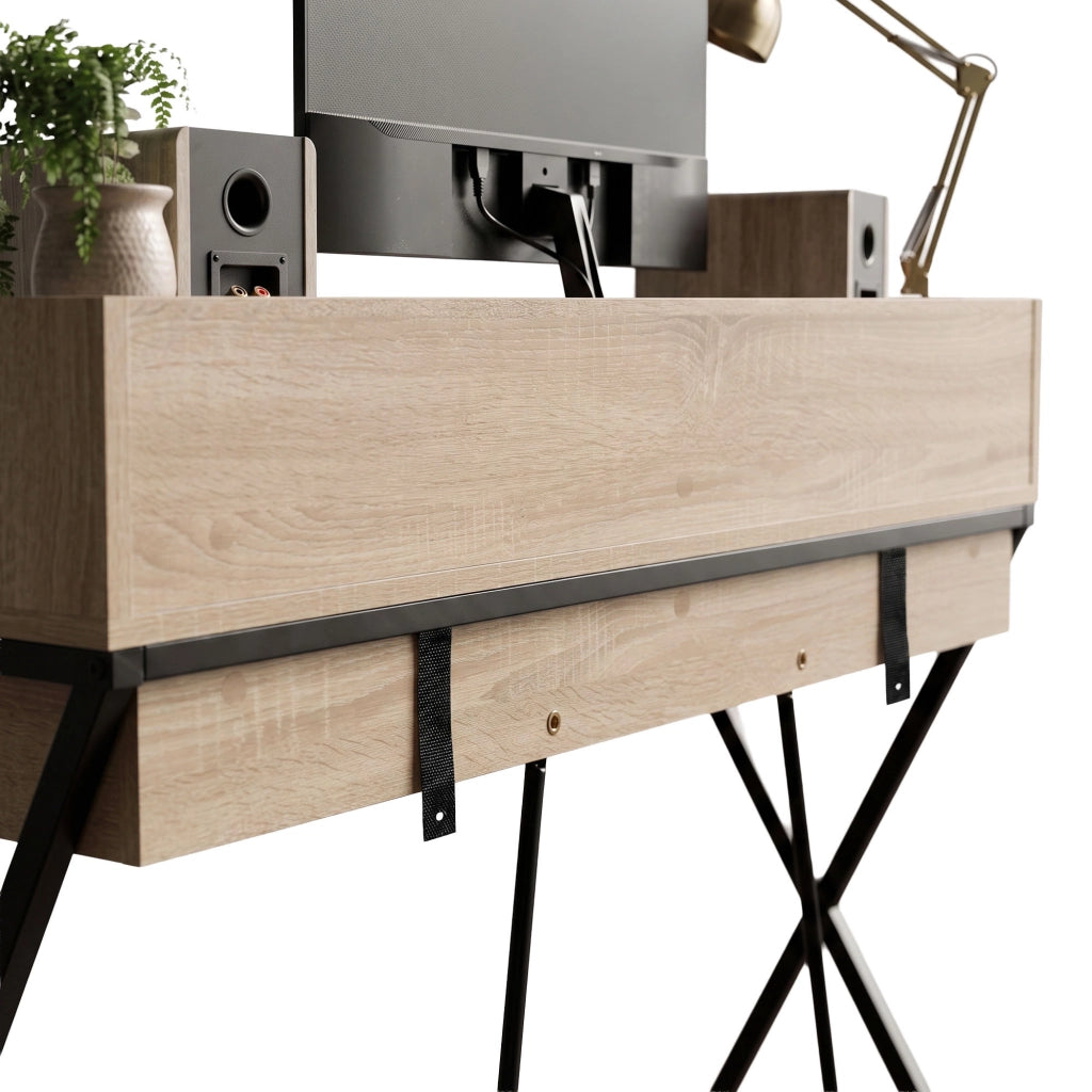 Scrivania PC industriale Rovere Sonoma FLEXO 100 cm 1 cassetto 1 ripiano gambe nere