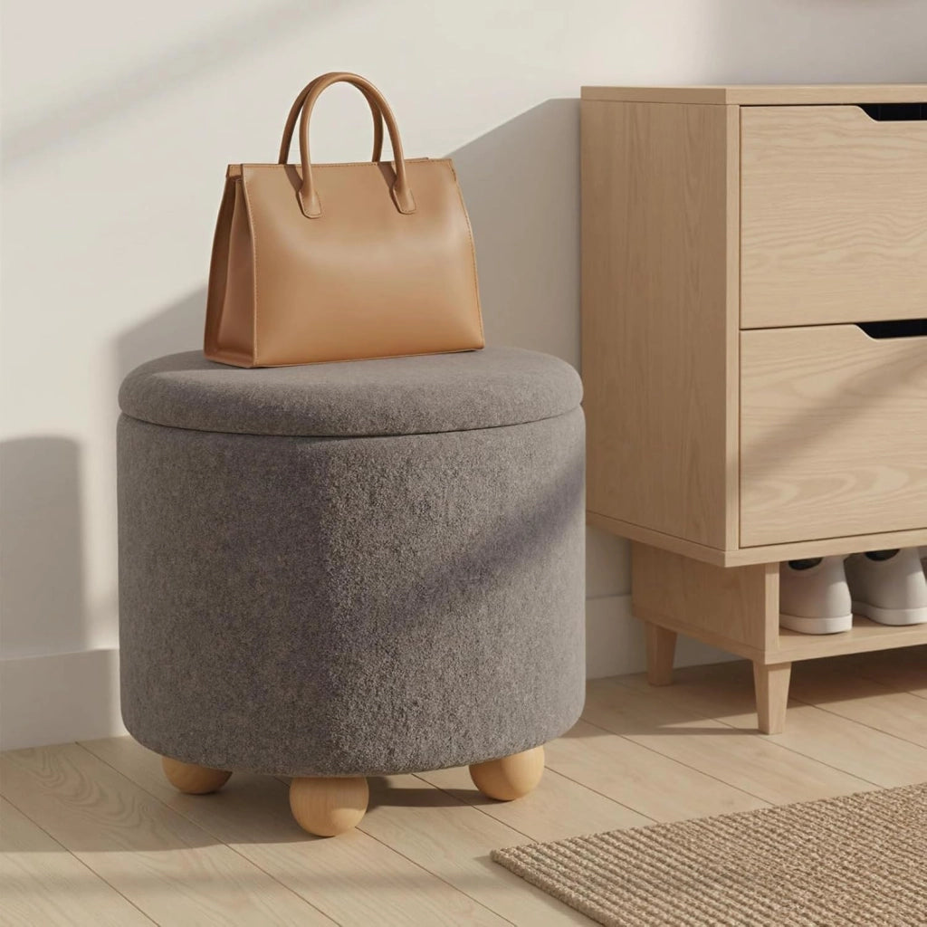 Pouf Contenitore 35 L, Ottomano in Tessuto Ciniglia con Coperchio Rimovibile, Sgabello con Gambe in Legno di Gomma, Portata 150 kg, per Soggiorno e Camera da Letto (Grigio)