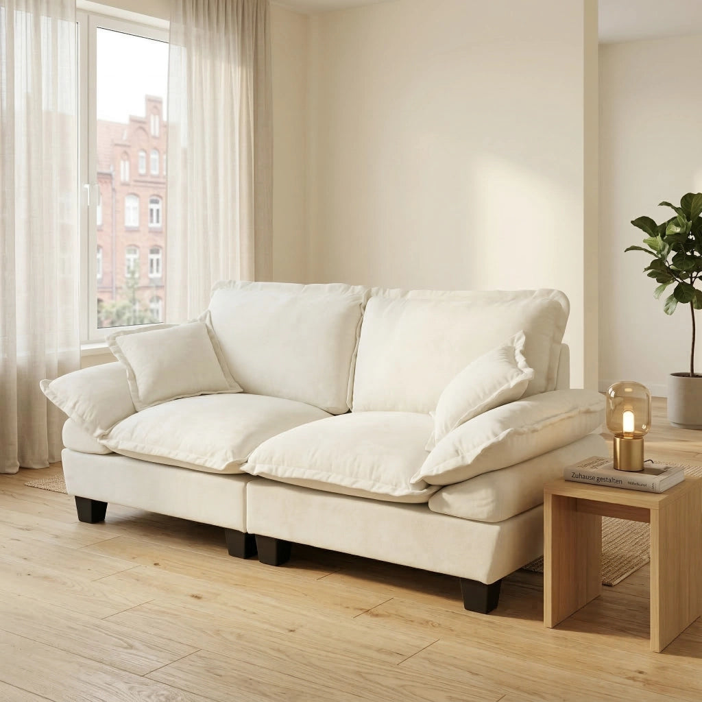 Divano modulare 2 posti - con braccioli curvi e seduta imbottita - in chenille beige