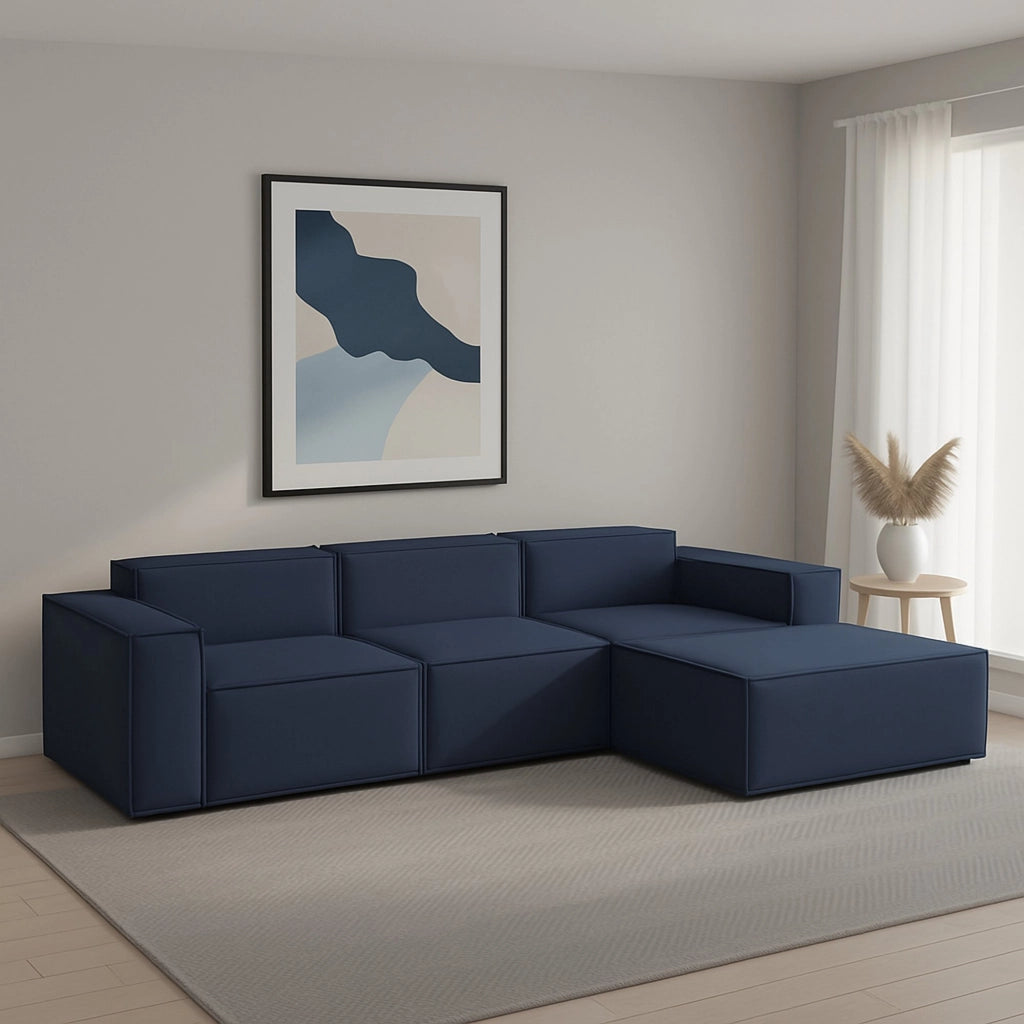 Divano fisso Ananas, Divano componibile a 3 posti con penisola destra, Made in Italy, SofÒ  moderno in tessuto, Cm 300x170h70, Blu