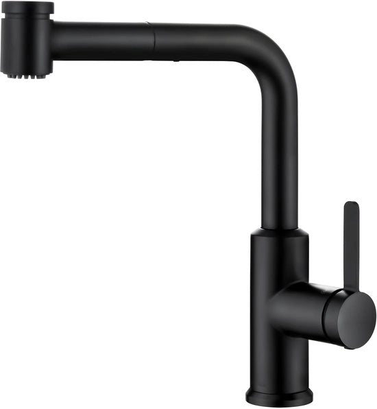 Kraan per cucina ad alta pressione, nero, estensibile con 2 getti d'acqua, maniglione 360° girevole, miscelatore per cucina nero con doccia, miscelatore cucina nero un-maniglia, miscelatore cucina nero con 360° di rotazione