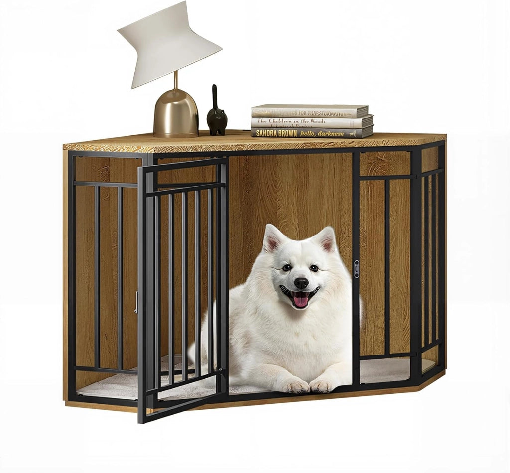 Gabbie per Cani da Interno, Gabbia per Cani ad Angolo, 111x60x67cm Kennel Cane Grande Media, Gabbia in Legno Decorativa con Porta Bloccabile, Sopporta Massima di 70kg