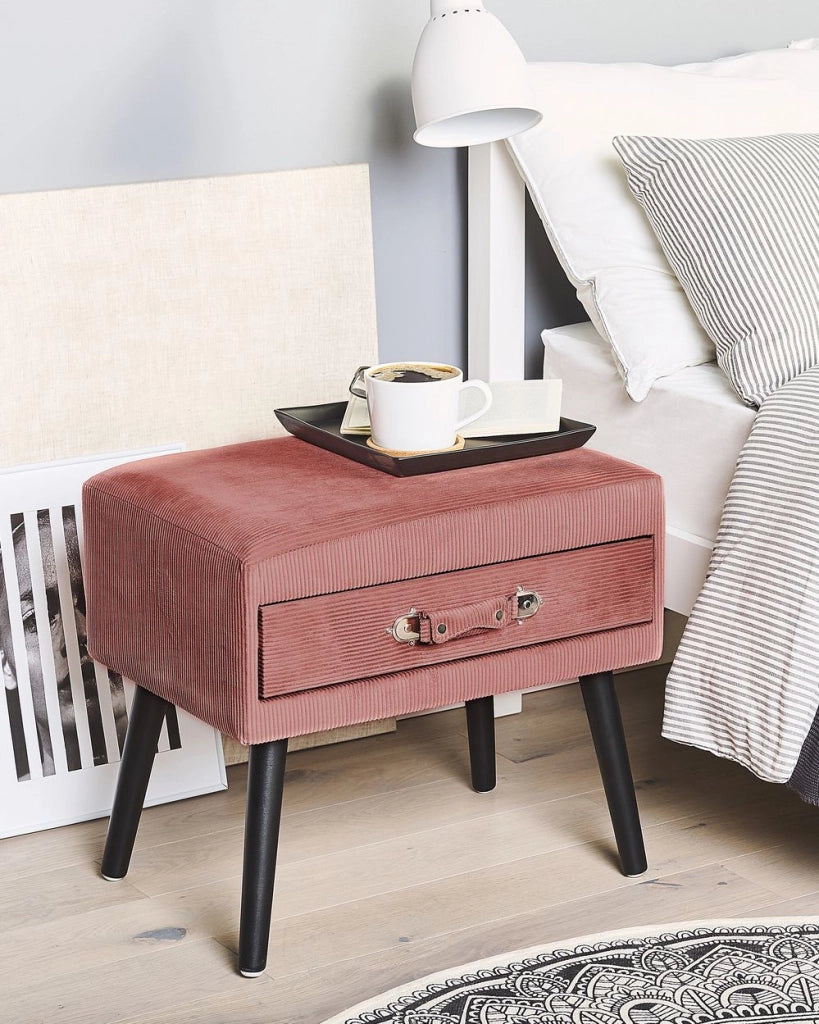 Tavolino con contenitore rosa gambe nere in velluto a coste 46 x 50 x 35 cm Valigia