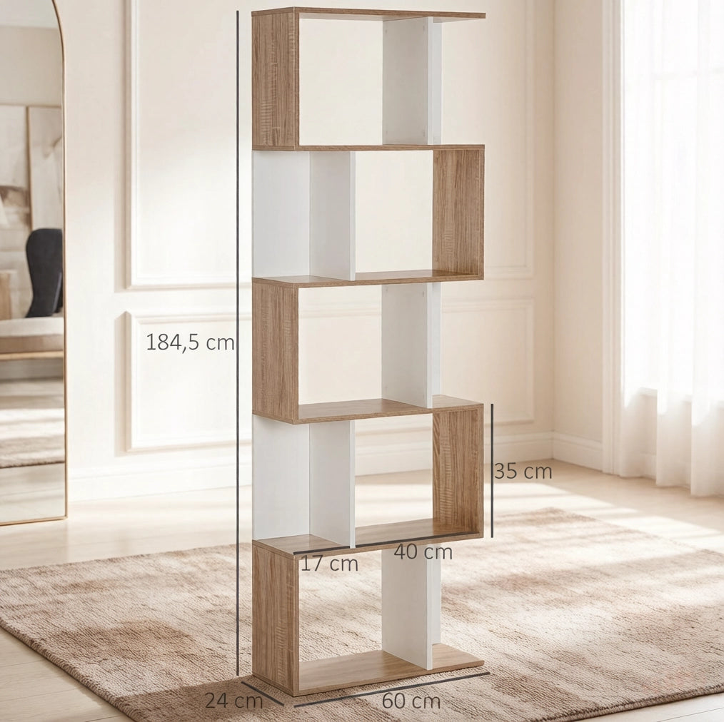 Libreria moderna a S 5 ripiani rovere e bianco 60x24x184,5 cm