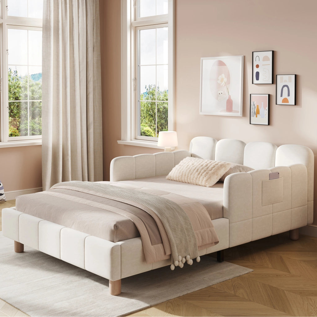 Letto per bambini in velluto beige con testiera ergonomica; tasche laterali e rete a doghe