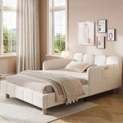 Letto per bambini in velluto beige con testiera ergonomica; tasche laterali e rete a doghe