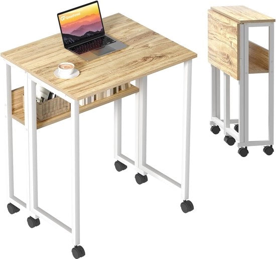 Scrivania Ripiegabile con Ruote per Piccole Stazioni di Lavoro – Trasportabile e Facile da Assemblare – Beige 63×50 cm