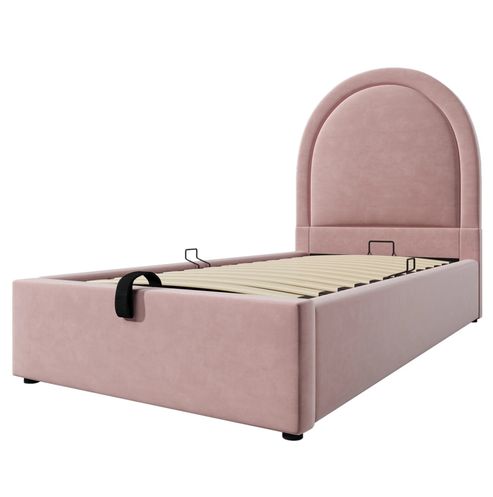 Letto singolo imbottito con contenitore e rete idraulica; 90 x 200 cm; velluto rosa