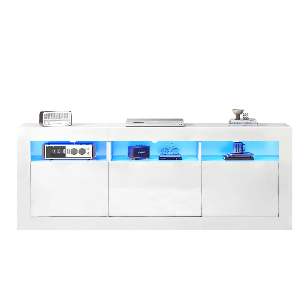 Mobile TV bianco lucido con LED, 2 ante e 2 cassetti
