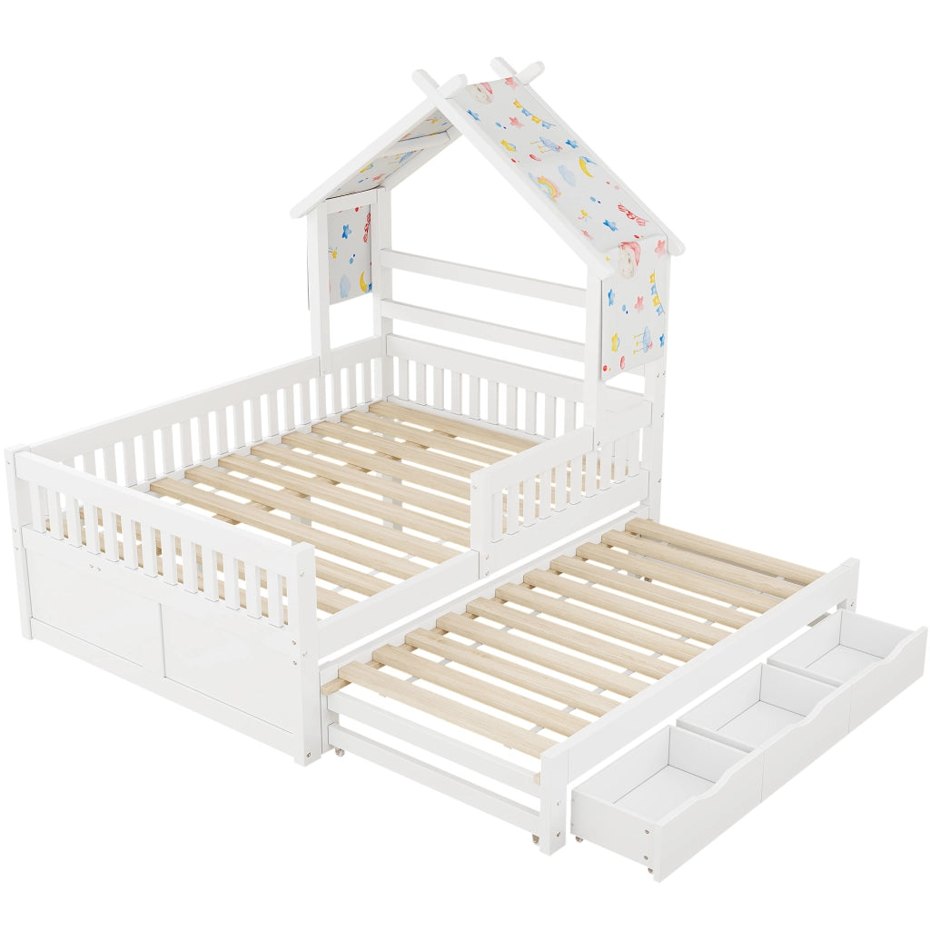 Letto a casetta 140 x 200 cm con letto estraibile; 3 cassetti e sponde di sicurezza; bianco