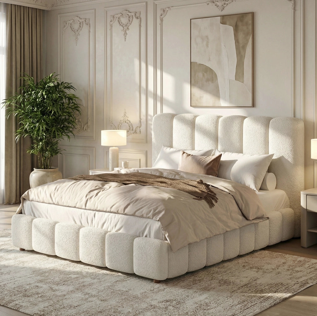 Letto matrimoniale 140x200 cm con contenitore idraulico e rete a doghe; bouclé bianco