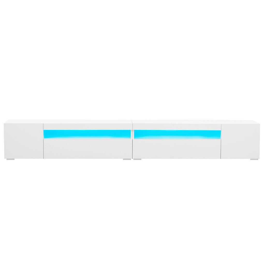 Mobile TV moderno bianco 240 cm con illuminazione LED variabile, struttura in MDF e design simmetrico