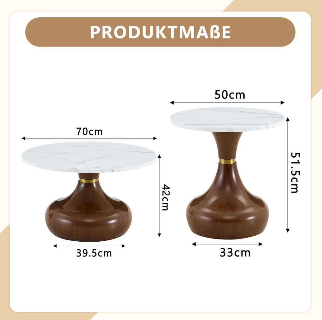 Set di 2 tavolini da caffè ?70x42 cm e ?50x51;5 cm in melamina e metallo; design moderno bianco e noce