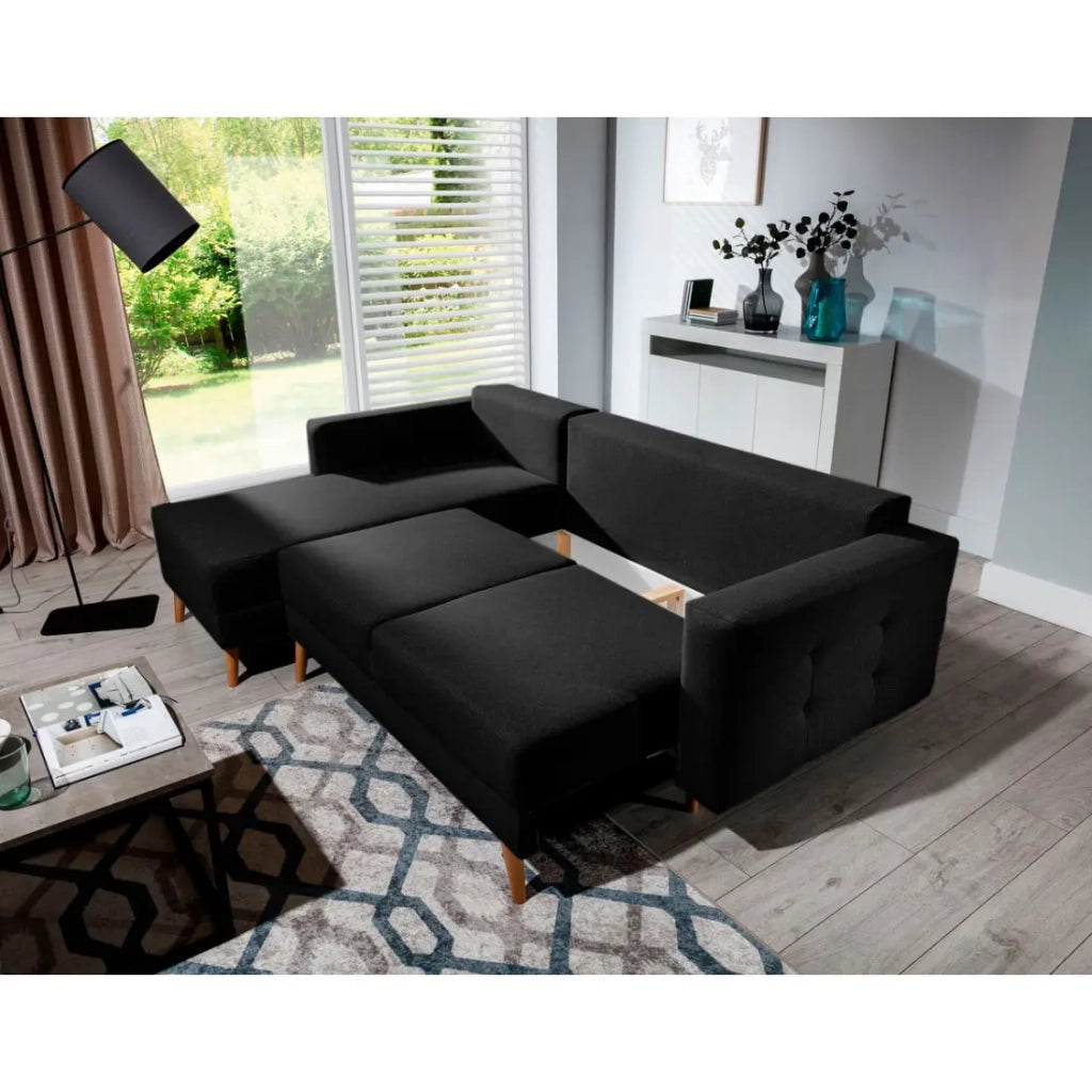 Divano angolare convertibile HASGARD 3 posti nero 248x162 cm - con vano contenitore e piedi in legno