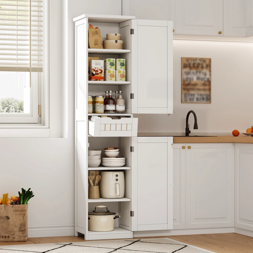 Credenza alta con ripiani regolabili e ante a griglia, per cucina e soggiorno, in MDF bianco, 170 × 40 × 30 cm