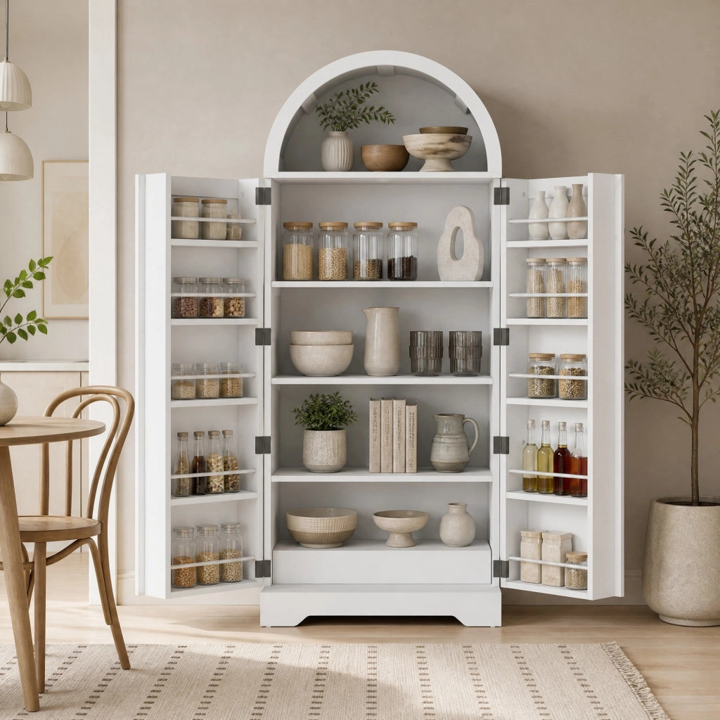 Armadio ad arco moderno 70x40x165 cm bianco in MDF, con vani aperti, ripiani interni e ante con dettaglio X