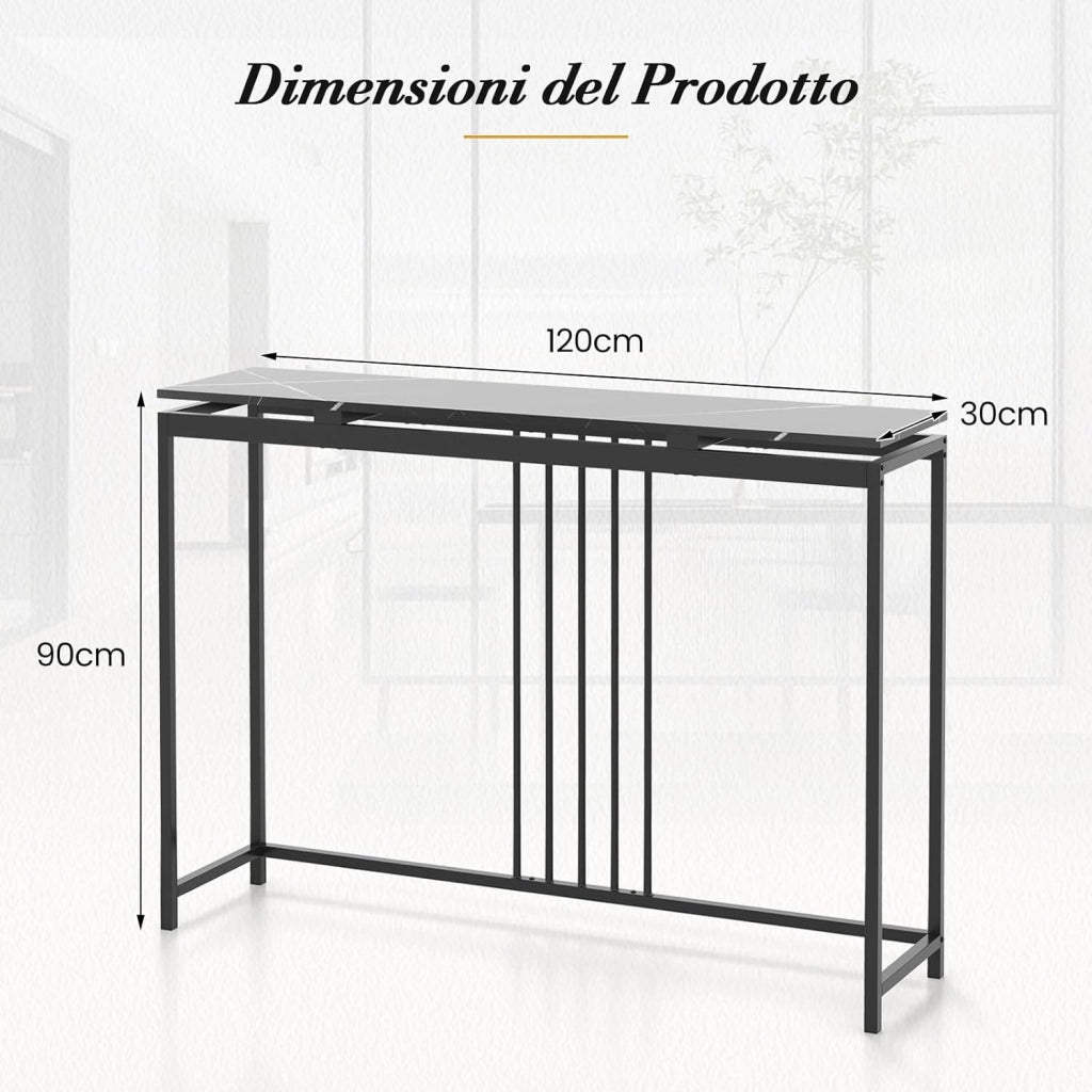 Tavolo da Ingresso Stretto, Tavolo Consolle Moderno in Finto Marmo con Struttura in Acciaio, Tavolo Multiuso per Salotto e Corridoio, 120 x 30 x 90 cm