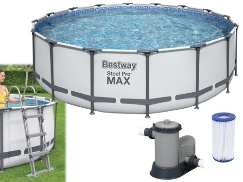 PISCINA TONDA FUORI TERRA STEEL PRO MAX BESTWAY 488xH122 -5612Z + POMPA, SCALETTA E TELO