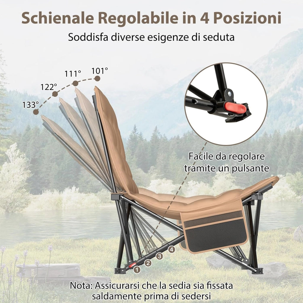 Sedia da Campeggio Pieghevole, Lounge Recliner Portatile con Schienale Regolabile, Sedile Imbottito con Borsa da Trasporto, per Esterno Giardino Cmapeegio, Portata 225 kg