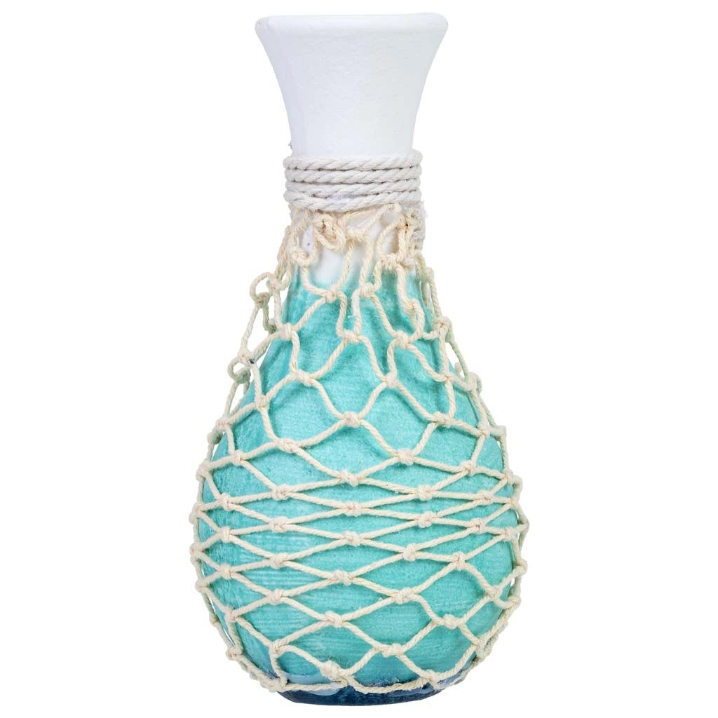 Vaso in legno con rete da pesca blu, 8x8x17h cm