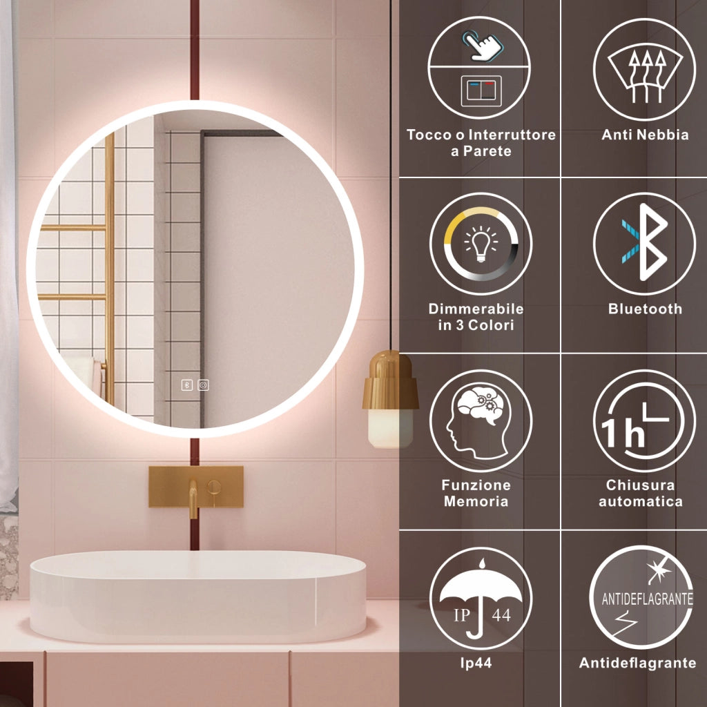 Aica Specchio da bagno a LED+70x70cm+Bluetooth+3 Temperature di Colore+Funzione Antiappannamento