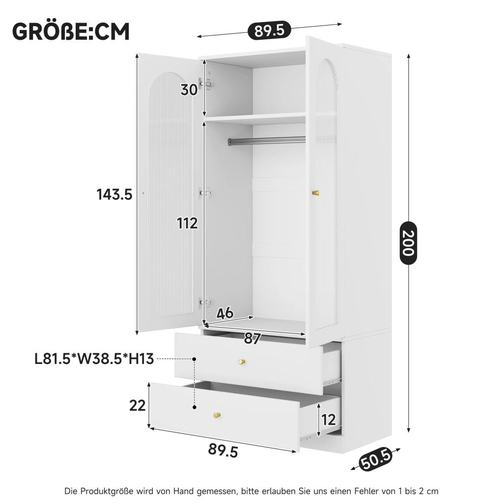 Armadio 90x50x200 cm con 2 cassetti e ante in vetro MDF bianco