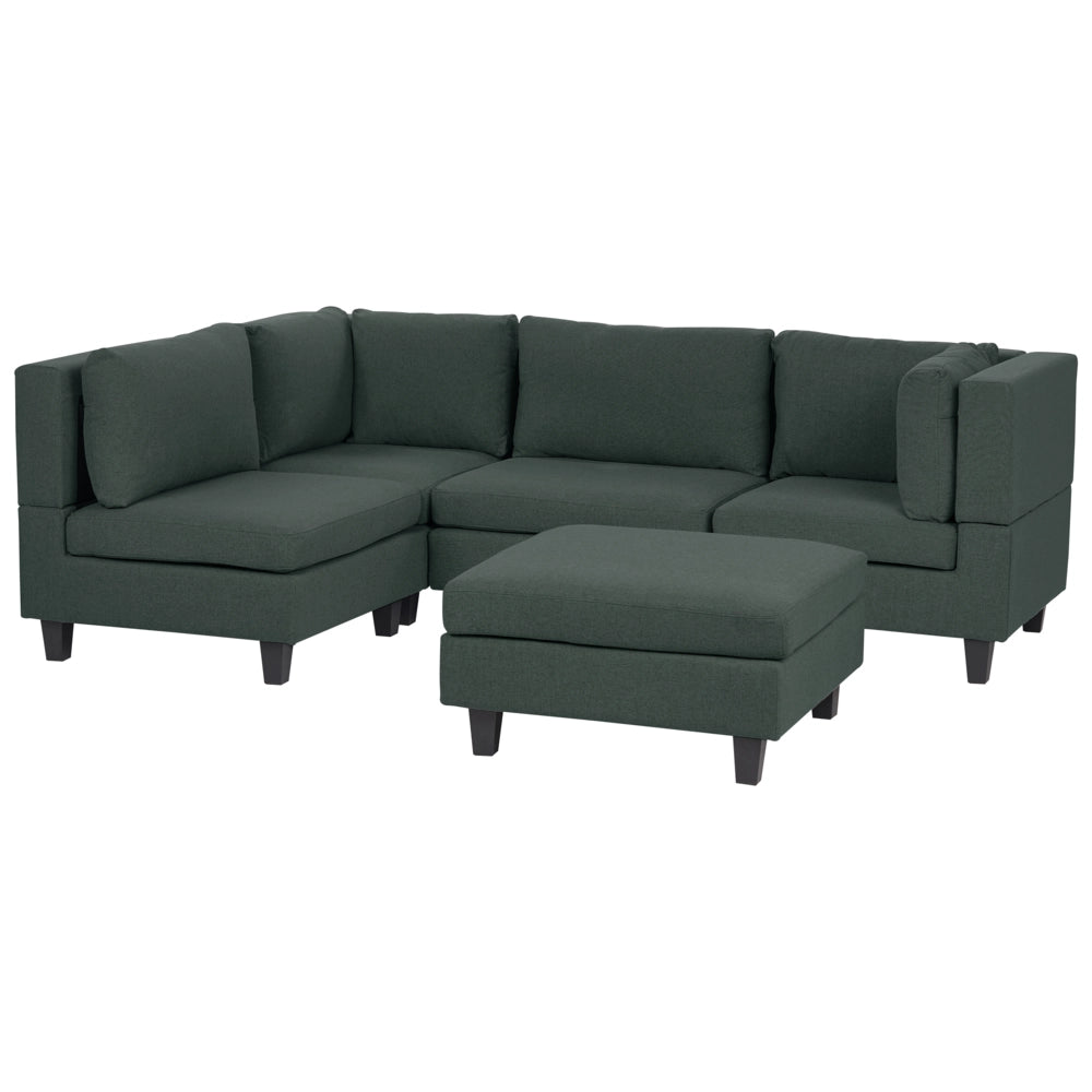 Divano componibile a 4 posti imbottito in tessuto verde scuro gambe nere lato destro con ottomana stile moderno