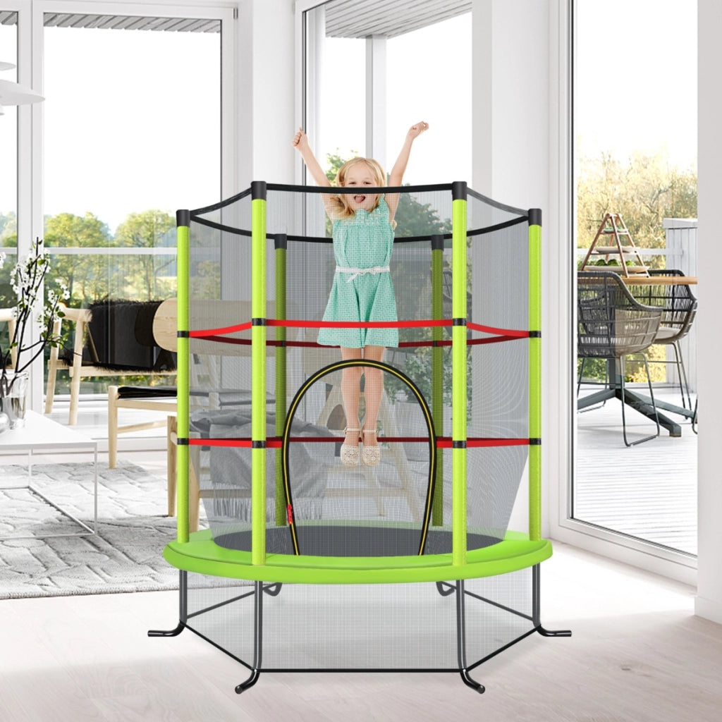 Tappeto elastico per bambini con rete di sicurezza in acciaio resistente, Tappeto elastico con struttura Verde