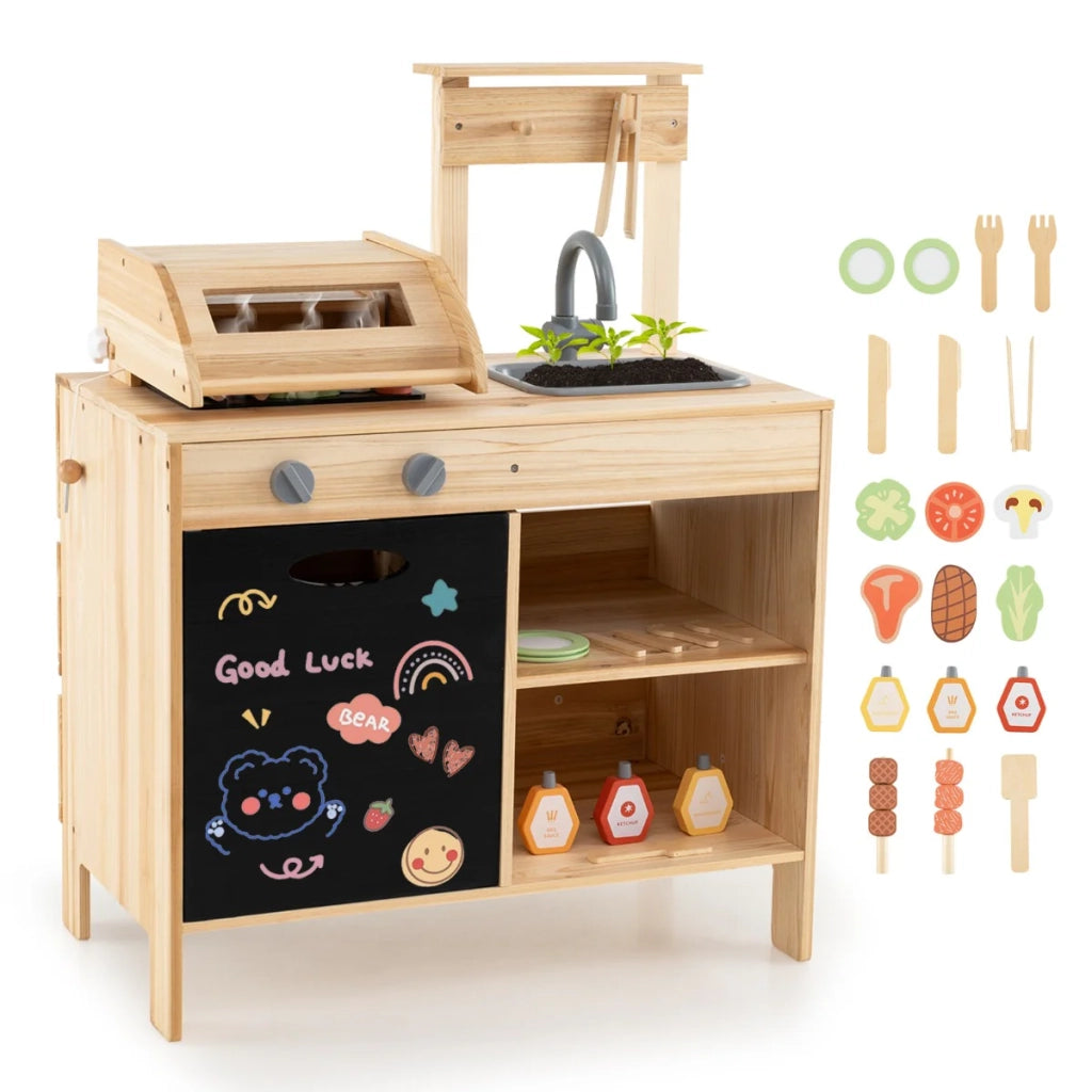 Set da gioco per bambini con barbecue in legno dimensioni 69 x 40 x 90 cm con accessori creativi e pratico contenitore in legno di abete naturale. Codice articolo: 20_0010594.