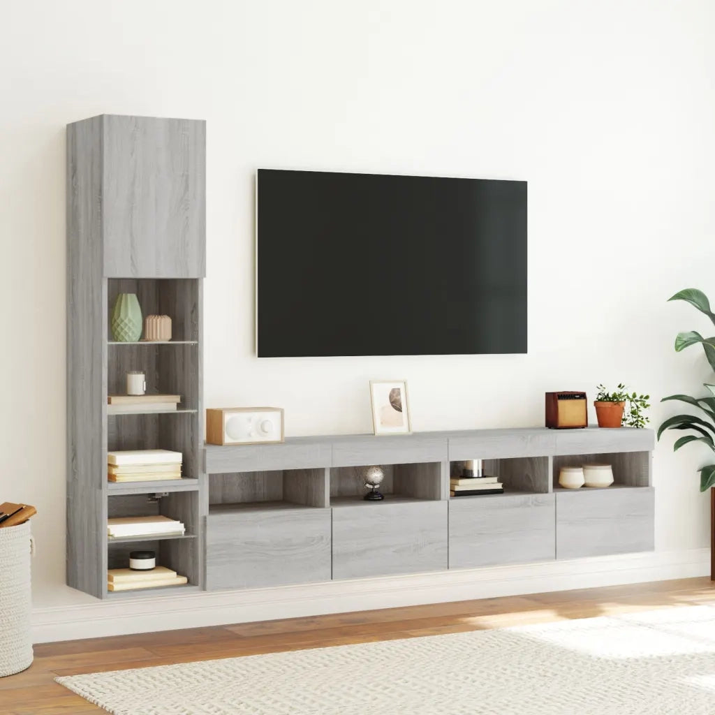 vidaXL Mobili TV a Muro con LED 4pz Grigio Sonoma in Legno Multistrato