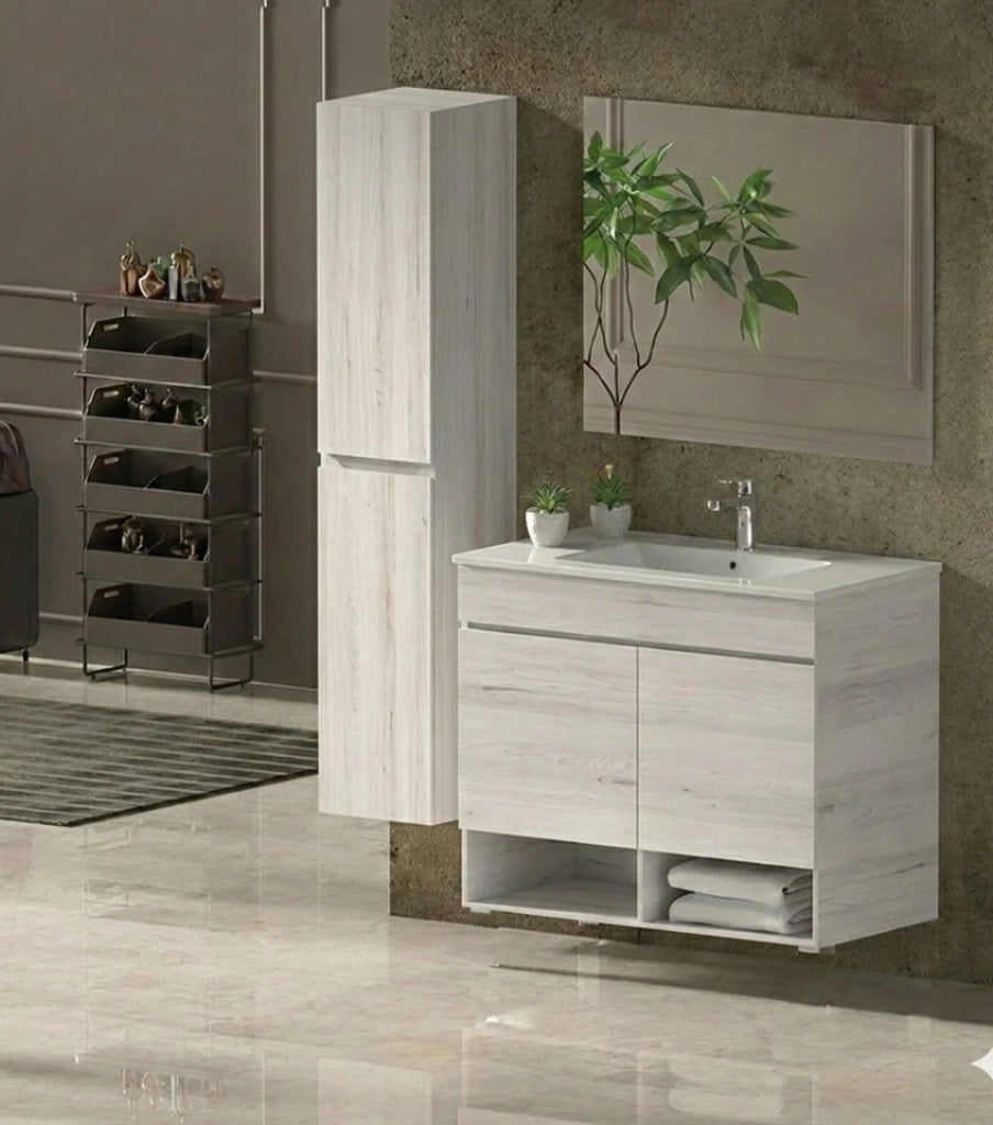 Mobile Bagno NEBARI Già Montato 2 portas, lavabo e specchio Bianco nordico 70x40 cm con colonna