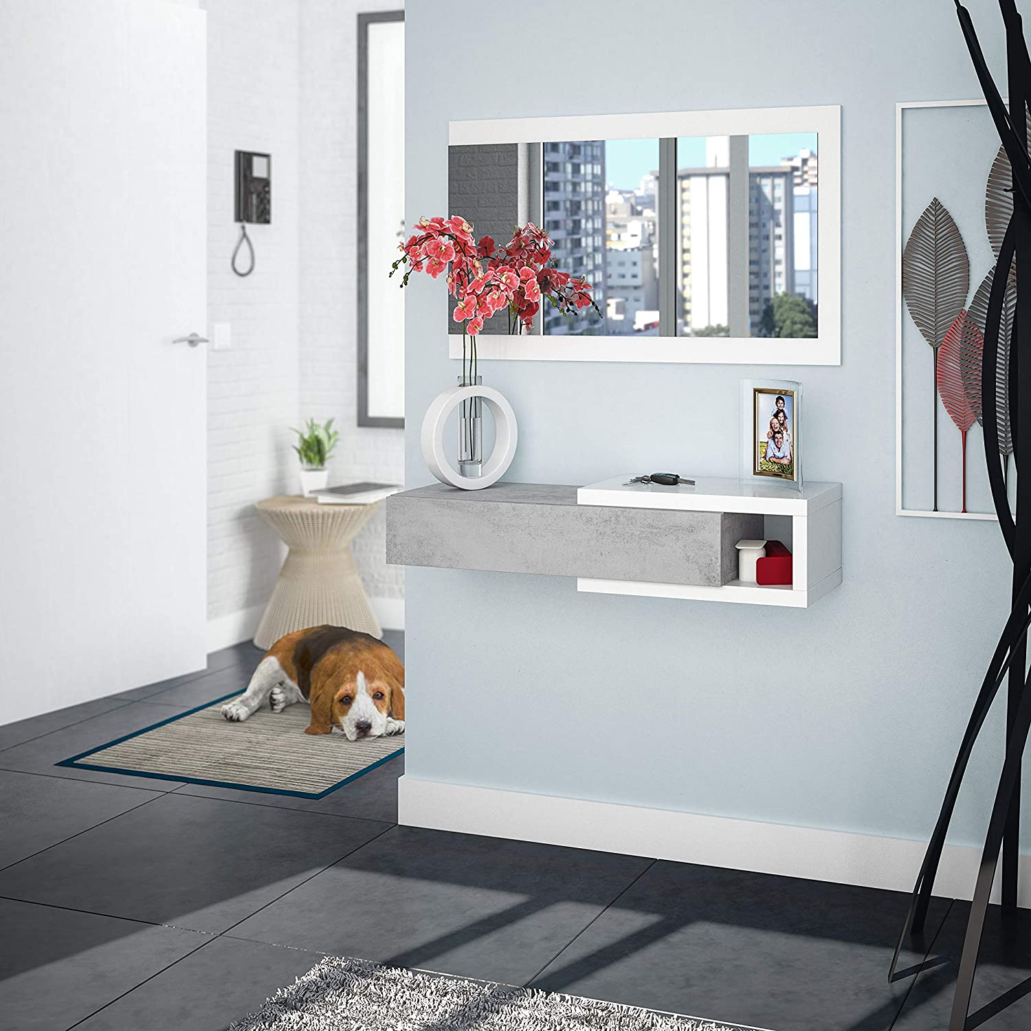 KIT MOBILE INGRESSO 1CASSETTO + 1 SPECCHIO 'NOON' BIANCO E CEMENTO